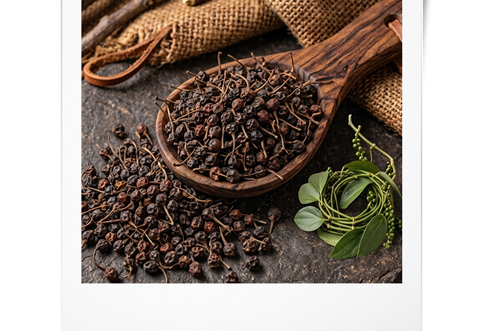 Grains de poivre sauvage de Madagascar Voatsiperifery dans une cuillère en bois avec leurs tiges caractéristiques