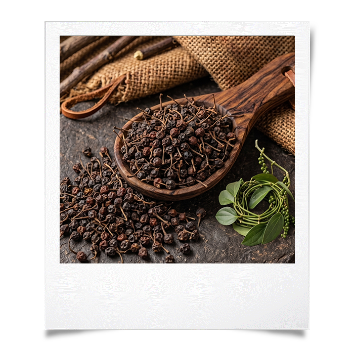 Grains de poivre sauvage de Madagascar Voatsiperifery dans une cuillère en bois avec leurs tiges caractéristiques