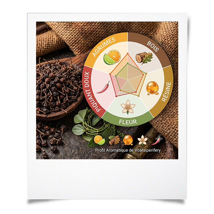 Infographie du profil aromatique et des notes gustatives du poivre sauvage de Madagascar