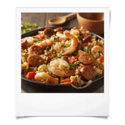 Jambalaya de poulet, crevettes et chorizo