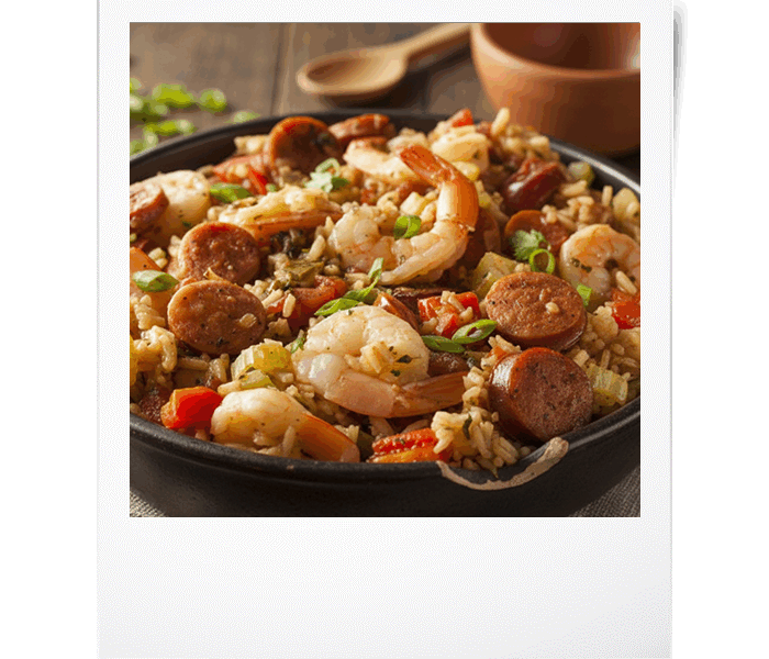 Jambalaya de poulet, crevettes et chorizo