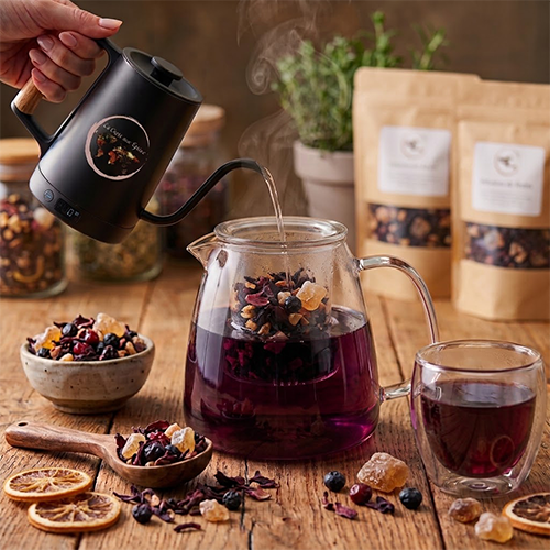Préparation de l'infusion Eau de Fruits Kir Royal versée depuis une bouilloire dans une théière en verre transparent.